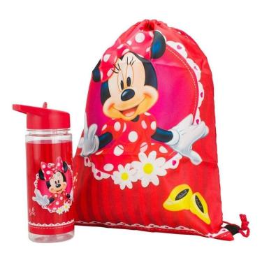 Imagem de Kit Garrafa Plástico Infantil Mochila Saco Minnie Disney