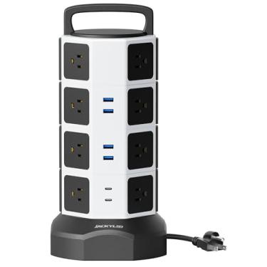 Imagem de JACKYLED Plugues de tomada Power Strip Tower 14 com 4 slot USB de 2 m extensão de fio de 3000W para soquete de proteção contra surtos para laptops de PC dispositivos móveis