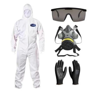 Imagem de Kit Macacão de Proteção Óculos de Segurança RJ Fumês Máscara Respirador Luva de Proteção Poliéster EPI (Branco/Preto, XG)