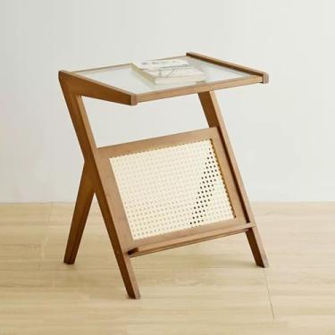 Imagem de Mesa lateral de vime, mesa de canto de bambu com suporte de revista, mesa lateral de sofá com tampo de vidro, mesa de centro boho em forma de Z para quarto, sala de estar, espaço pequeno