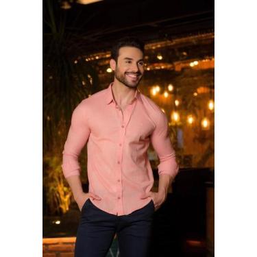 Imagem de Camisa Masculina Linho Social Slim Salmão - Conquest