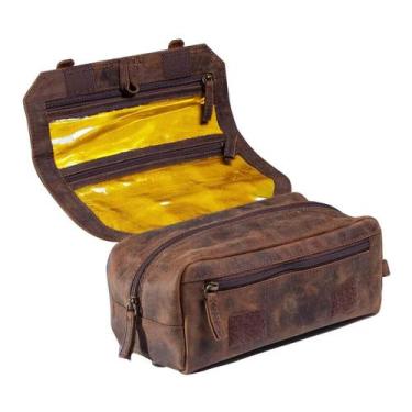Imagem de Necessaire Unissex Cinnamon Couro Bovino Marrom Rústico Forro Impermeá