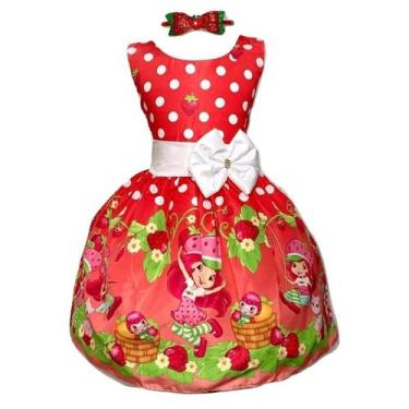 Imagem de Vestido Infantil Festa Temático Moranguinho Vermelho Luxo - Pequenos E