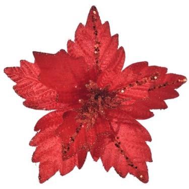 Imagem de WishTip Poinsétia de Natal, 10 peças, grande, 24 cm, flores de Natal, spray, enfeites de flores artificiais com glitter para decoração de guirlanda de árvore de Natal (vermelho)