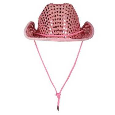 Imagem de Beistle Chapéu de cowboy com lantejoulas com alça de queixo ajustável para cabeça de festa do oeste selvagem com tema ocidental, acessórios de cabine de fotos, tamanho único, rosa