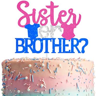 Imagem de Topper de bolo Sister or Brother - Irmãos Gender Reveal Cake Toppers - Ele ou ela Topo de bolo para chá de bebê, decoração de festa revelação de gênero