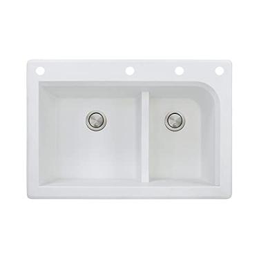Imagem de Transolid Pia de cozinha dupla com 4 furos em granito raio RTDJ3322-01-CAEF, 83,8 cm x 22,8 cm x 22,8 cm, branco
