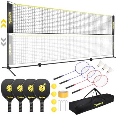 Imagem de TYRSEN Conjunto de rede portátil de badminton para pickleball, rede multifuncional de 4 m de altura ajustável com 4 raquetes pretas de pickleball, 4 raquetes de badminton, rede de badminton