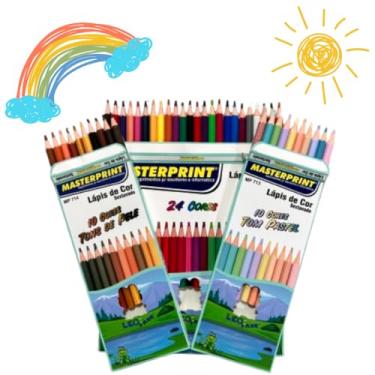 Imagem de Kit 44 Lápis de Cor 24 Cores + 10 Tom Pastel + 10 Tom de Pele Sextavado Macio Ponta Resistente