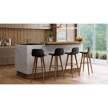 Imagem de 4 Banquetas Alto Padrão Com Encosto Pes de Madeira Tecido Linho Preto 