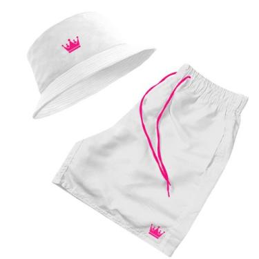 Imagem de Short Praia + Chapeu Bucket Hat Masculino Branco Com Cordao Rosa - MP 