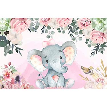 Imagem de AOFOTO 2,1 x 1,5 m Pano de fundo de elefante para chá de bebê menina doce floral de gênero revelador para fotografia, faixa de festa de aniversário, decoração de mesa de bolo, adereços de estúdio de foto de vinil