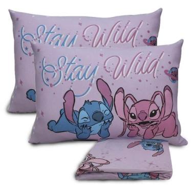 Imagem de Jogo Cama Casal Stitch Angel Love 3 Pçs C/ Elástico Algodão - Portalla