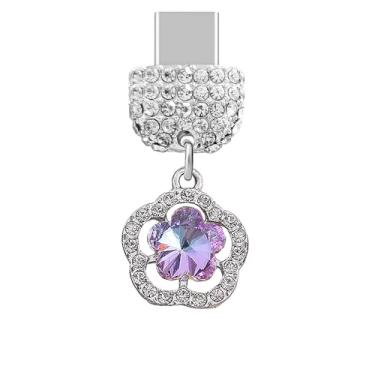 Imagem de ELISE & FONDA TP449 Tipo-C porta de carregamento USB cristal antipoeira pequena flor pingente de celular para iPhone 15/Samsung/OnePlus/Xiaomi/oppo telefones Android (roxo), approx. 1.7 cm (L) x 0.7