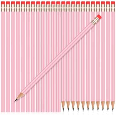 Imagem de Outus 24 lápis redondos HB grafite lápis de madeira com borracha, lindo pacote de lápis para desenho escolar, esboçar materiais de escritório de casamento (rosa claro)