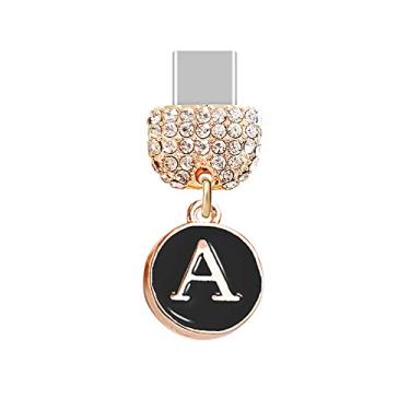 Imagem de ELISE & FONDA TP53 Type-C USB Charging Port Gorgeous Crystal Anti Dust Plug with Tiny Round Initial letter A Pendant Cell Phone Charm for Samsung Galaxy/Huawei/OnePlus/Xiaomi/oppo New Android Phones( Black)