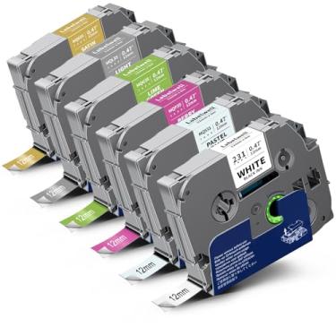 Imagem de Labelwell Pacote com 6 12 mm 0,47 laminado multicolorido, compatível com fita TZe-231 TZe231 MQ531 MQP35 MQG35 MQL35 MQ835 TZ para P Touch PT-H110 D210 D220 D400, branco/azul/verde/prata/Ouro