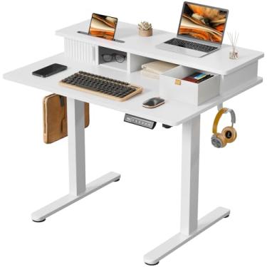 Imagem de JOY worker Mesa elétrica pequena, mesa ajustável de 89 cm x 63 cm de altura com suporte embutido para monitor e gaveta de armazenamento, mesa branca com 2 ganchos para escritório em casa