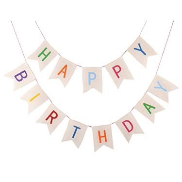 Imagem de Banner de aniversário branco de estopa feliz aniversário com letras coloridas Feliz aniversário para decoração de festa de aniversário TD107W