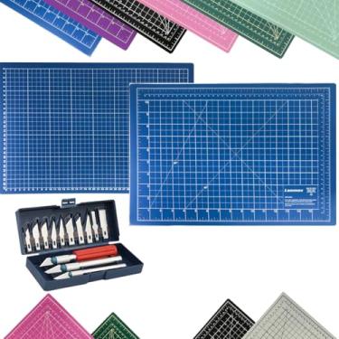 Imagem de Kit Base de Corte A3 45x30cm Patchwork Artesanato Scrapbook Dupla Face Multiuso AutoCura Jogo Estilete de Precisão Profissional 13 Peças (Azul)