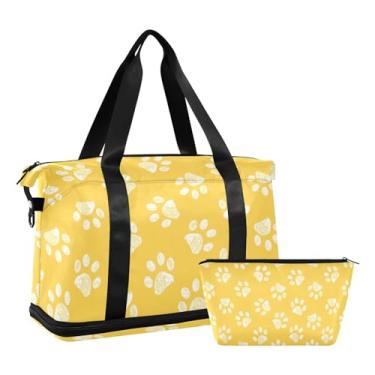 Imagem de ALAZA Bolsa esportiva esportiva amarela pata de cachorro com compartimento para sapatos, bolsa de viagem de fim de semana para mulheres e homens, Multicor, 17.32 x 8.66 x 15.55 inches