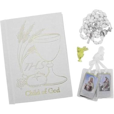 Imagem de Conjunto de presente de primeira comunhão | Preto ou branco | Livro Child of God | Rosário | Escapulário | Broche | Vem com estojo de transporte conveniente (branco), papel, Sem pedra preciosa