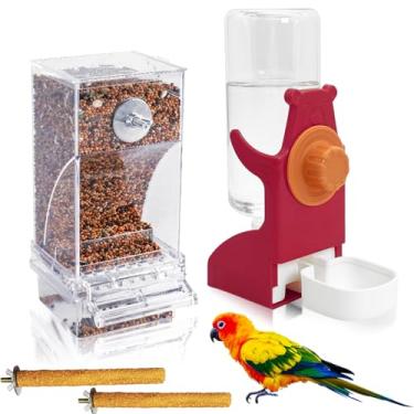 Imagem de VCEPJH Alimentador automático de pássaros sem bagunça e dispensador de água para gaiola de papagaio bebedor de pássaros laranja dispensador de sementes de periquito com poleiro de gaiola para