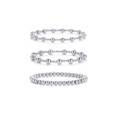 Imagem de PAVOI Pacote de pulseiras femininas com contas banhadas a ouro 14K | Conjunto de pulseiras elásticas de aço inoxidável com 3 peças | Bola impermeável Trio, Stretch, Ouro branco, Sem Pedra Preciosa
