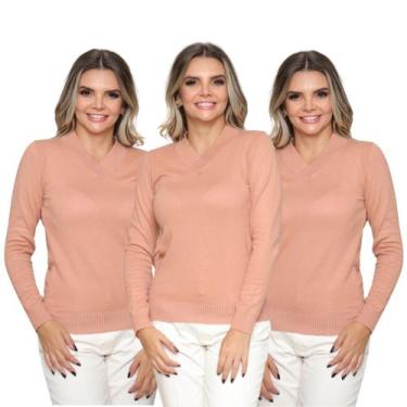 Imagem de Kit 3 Blusas Feminina Sueter Tricô Macio Gola V Manga Longa Inverno - 