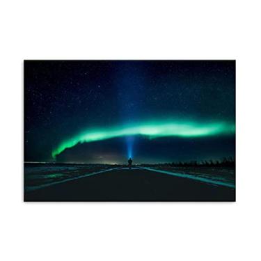 Imagem de JZSDGB Arte de parede em tela grande Aurora Boreal Imagens - Impressão de pintura de paisagem em tela - impressões em tela de luzes do norte - céu estrelado azul arte de parede para decoração de sala