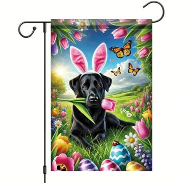 Imagem de Starlit Patio Happy Easter Cute Black Labrador Dog Garden Flag 30,5 x 45,7 cm Presente Dupla Face Lab Retriever Ovos Tulipa Bandeira de Jardim Decoração Quintal Pequena Bandeira Para Férias Externas
