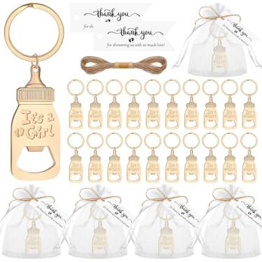 Imagem de Vesici Conjunto de 25 abridores de garrafas de chá de bebê, lembrancinhas de festa para convidados, incluindo chaveiro de abridor de garrafa de ouro com etiqueta de agradecimento e bolsa de organza