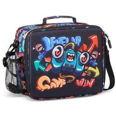 Imagem de rockpapa Lancheira infantil para crianças com alça, impermeável, resistente a manchas e óleo, lancheira isolada, sacola reutilizável para lancheira, garrafa de água e lanches para escola (jogos