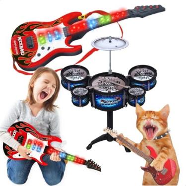 Imagem de Kit guitarra infantil eletronica com luz e som e mini bateria brinquedo musical educativo presente natal dia das crianças menino e menina brinquedos musicais (Bateria Azul)