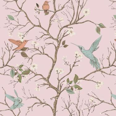 Imagem de VEELIKE Papel de parede floral rosa chinoiserie descasque e cole papel de parede de pássaro vintage pré-colado papel de contato floral para gavetas de armários 43 x 900 cm, papel de parede autoadesivo
