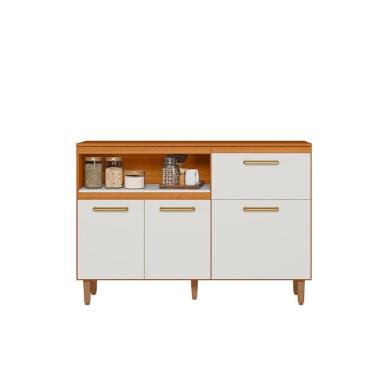 Imagem de Balcão Sicilia 120m com Tampo MDP, Puxadores em polímero e Pés Regulaveis - Freijó UV/Off Acetinado Poliman