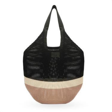 Imagem de Bolsa Grande Brizza Arezzo Crochê Shopping Preto Marrom e Off White - Feminino-Feminino