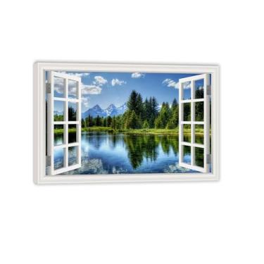 Imagem de MOBYAT 3D Vista do Lago Janela Falsa Natureza Montanha Floresta Lago Cenário Mural Sala de Jantar Janela de Casa Paisagem Decoração de Parede, 120 x 80 cm (47 x 31 pol.) Moldura interna