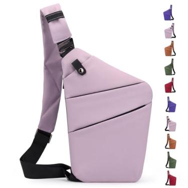 Imagem de Macleria Bolsa tiracolo antirroubo, bolsa tiracolo para mulheres e homens, bolsa de ombro com vários bolsos para viagens, esportes, trabalho, Lavanda - ombro esquerdo