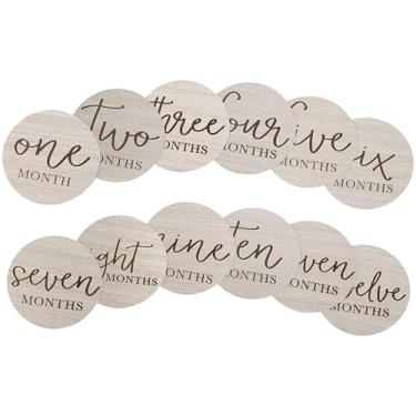 Imagem de Little Pear Cartões fotográficos de madeira – discos de anúncio de bebê frente e verso, suporte fotográfico ideal para jornada mensal de gravidez e marcos do bebê, 1 a 12 meses, madeira cinza