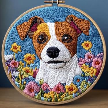 Imagem de Kits de agulhas de punção DIY Jack Russell Dog in Flowers Easy for Beginners Punch Needle Embroidery Set com padrão de argola estampada para amantes de artesanato e decoração de casa-2