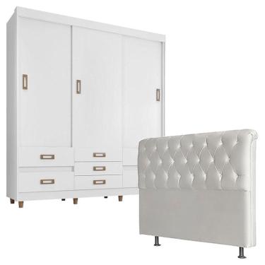 Imagem de Quarto de Casal Guarda Roupa 37020 com Cabeceira Emilia 140 cm Branco – Araplac