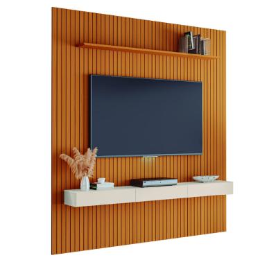 Imagem de Painel para TV até 75 Polegadas 2,25x2,40m Ripado com Nicho Arbo Cedro/Off White edn