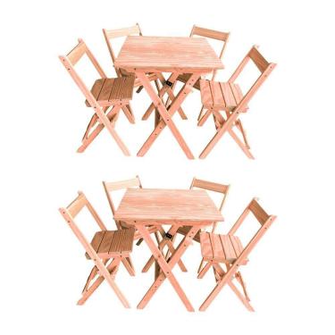 Imagem de Kit 2 Conjuntos Mesa Dobrável 70x70cm Para Bar Com 4 Cadeiras Em Madeira Maciça - Cru - Bege