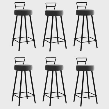 Imagem de Kit 06 Banqueta Alta Com Encosto Tina Eiffel Cozinha Bar Bistrô Ferro Preto Suede Cinza - Ahz Móveis