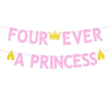 Imagem de Decorações de festa de aniversário de 4 anos de princesa para meninas, faixa de glitter ouro rosa Four Ever a Princess, tema de princesa, suprimentos de decoração de festa de aniversário de 4 anos