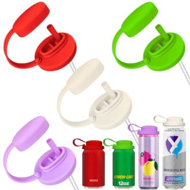 Imagem de 4 peças de tampas de lata de refrigerante de silicone com palha, tampas de lata pop com alça, capas reutilizáveis para bebidas de tamanho padrão, suco, coca, refrigerante, cerveja e seltzer, evita