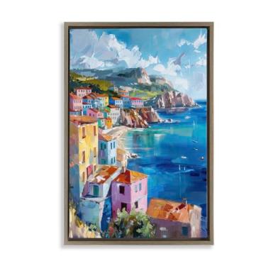 Imagem de Stupell Industries Arte de parede em tela flutuante com moldura marrom vista sobre a cidade costeira, design por LSR Design Studio, 43 x 63 cm