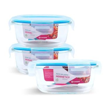 Imagem de Kit 3 Potes de Vidro Redondo com Tampa Hermética 400ml (Azul)