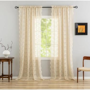 Imagem de Cortinas transparentes bege de 274 cm de comprimento, 2 painéis, cortinas chiques de renda antiga para sala de estar, quarto, filtragem de luz, cortinas de janela, decoração de casa de campo, 2,7 m L
